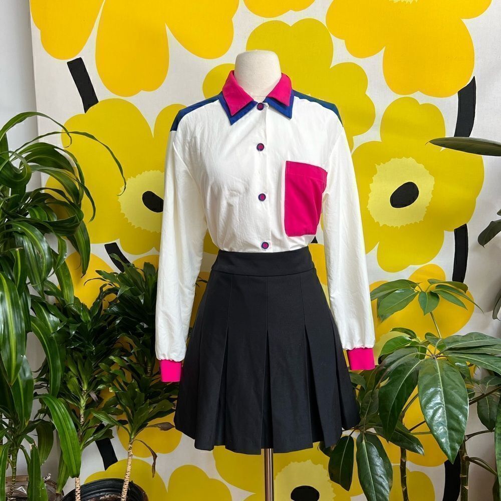 Rad Vintage 1990s Vivid Colorblock Double Collar Button Down Blouse - Picture 3 of 12